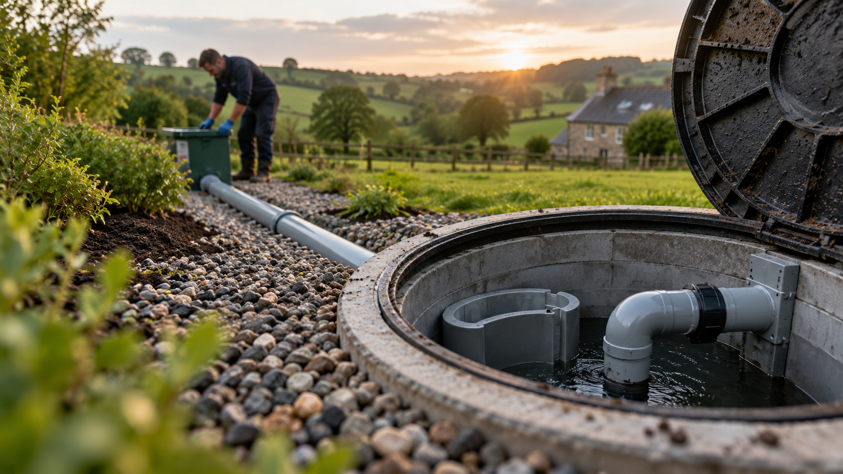 A neat rural wastewater service site with a clean inspection chamber and practical pipework in foreground, green countryside and a service technician softly behind